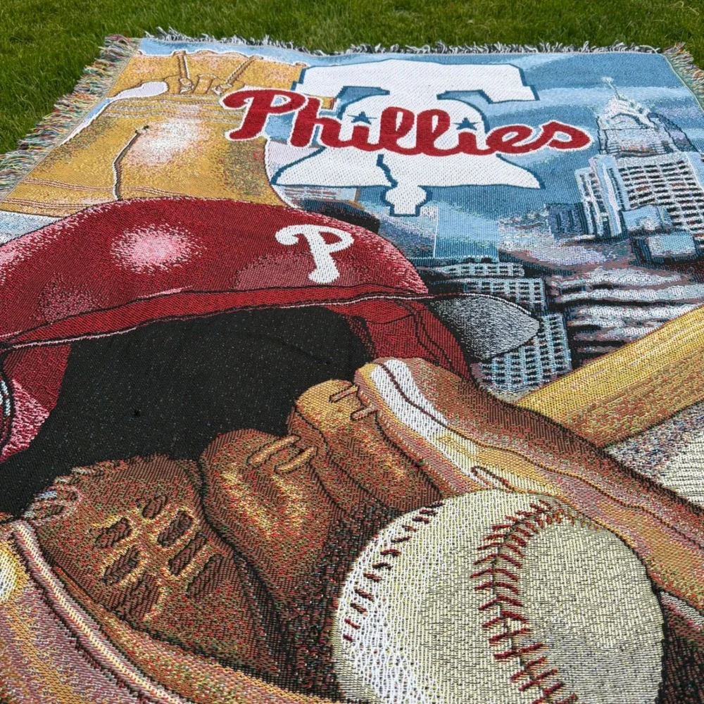 A- Philadelphia Phillies MLB Woven Tapestry Throw Blanket Liberty Bell 48x68